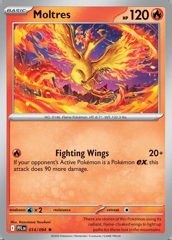 Moltres 014/094, Phantasmal Flames English Print with "Play! Pokémon" stamp, card art reference