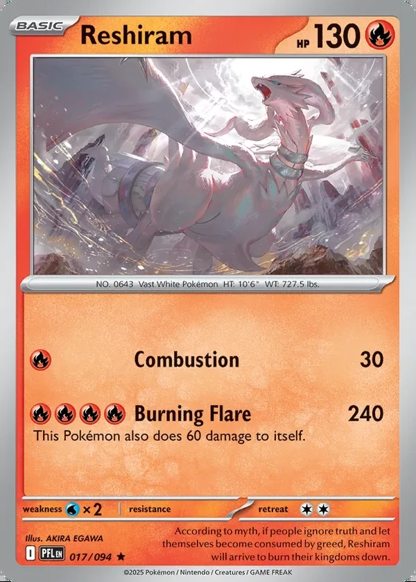 Reshiram 017/094, Phantasmal Flames English Print with "Play! Pokémon" stamp, card art reference