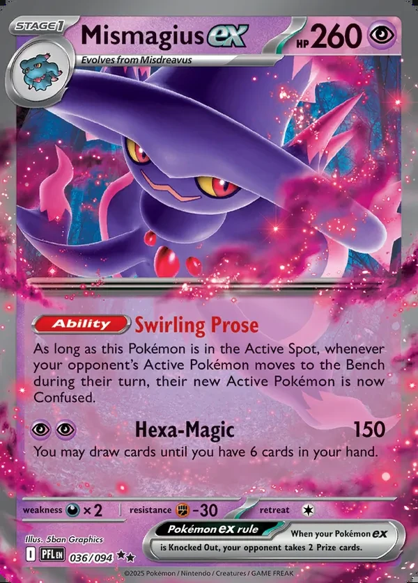 Mismagius 036/094, Phantasmal Flames English Print with "Play! Pokémon" stamp, card art reference