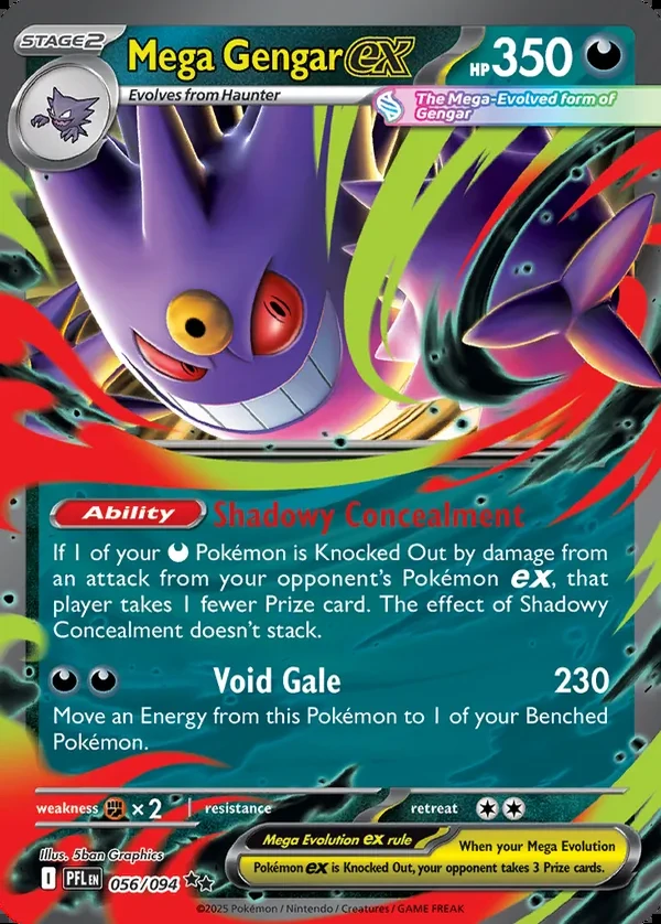 Mega Gengar 056/094, Phantasmal Flames English Print with "Play! Pokémon" stamp, card art reference