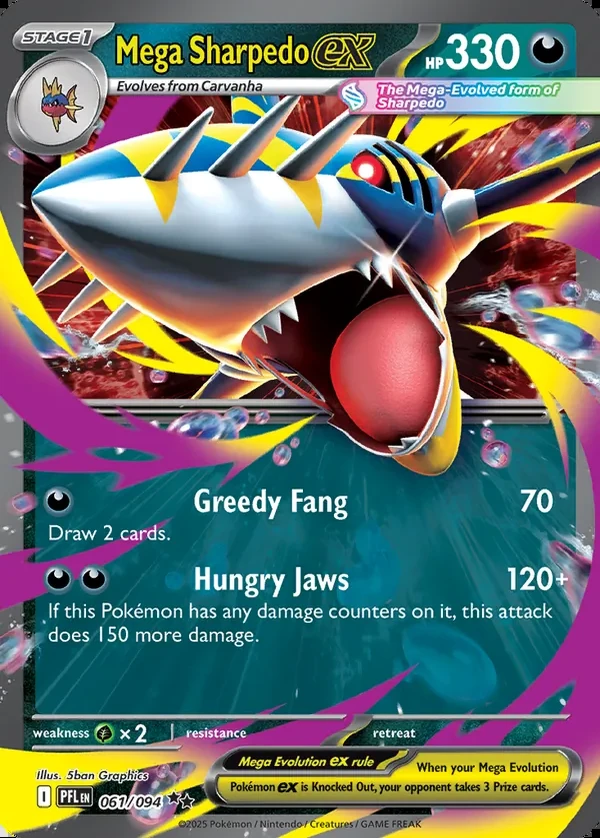 Mega Sharpedo 061/094, Phantasmal Flames English Print with "Play! Pokémon" stamp, card art reference