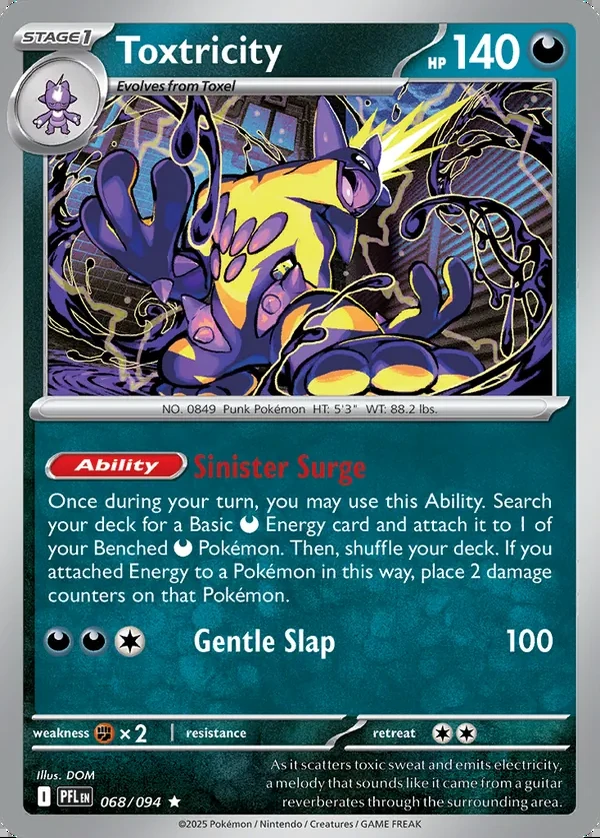 Toxtricity 068/094, Phantasmal Flames English Print with "Play! Pokémon" stamp, card art reference