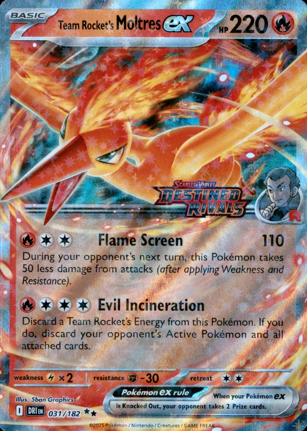 Team Rocket's Moltres ex 031/182, Destined Rivals stamp, image provided by the catalog owner