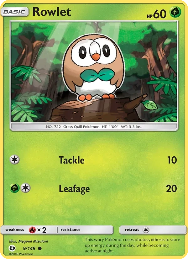 Rowlet 009/149, Sun & Moon English Cosmos Holofoil, card art reference