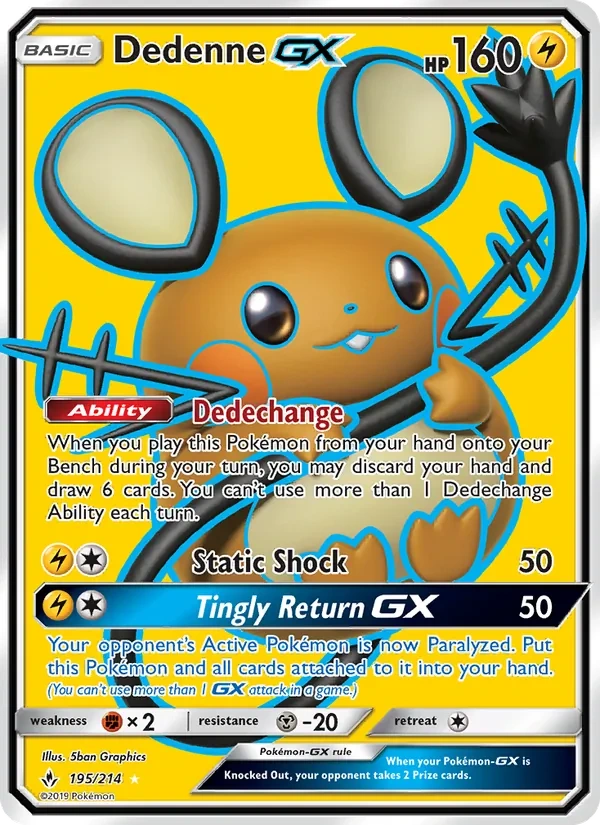 Dedenne-GX 195a/214, Unbroken Bonds English Yellow A Alternate art, card art reference