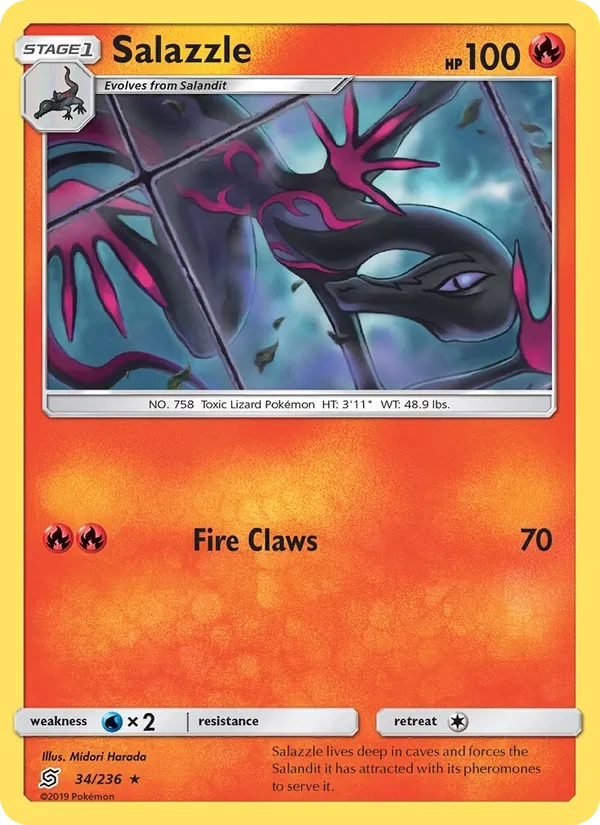 Salazzle 034/236, Unified Minds English "7" Charizard Deck stamp, card art reference
