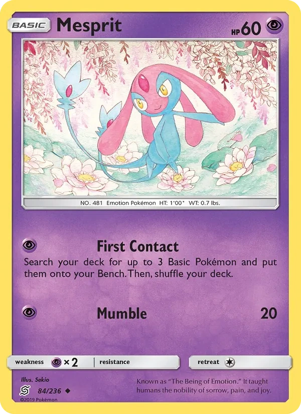 Mesprit 084/236, Unified Minds English Mewtwo Deck stamp, card art reference