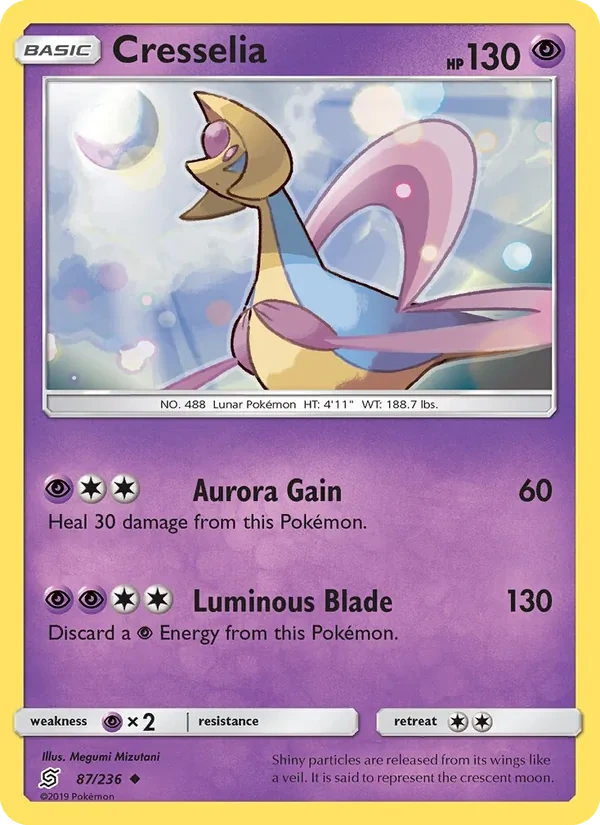 Cresselia 087/236, Unified Minds English Mewtwo Deck stamp, card art reference
