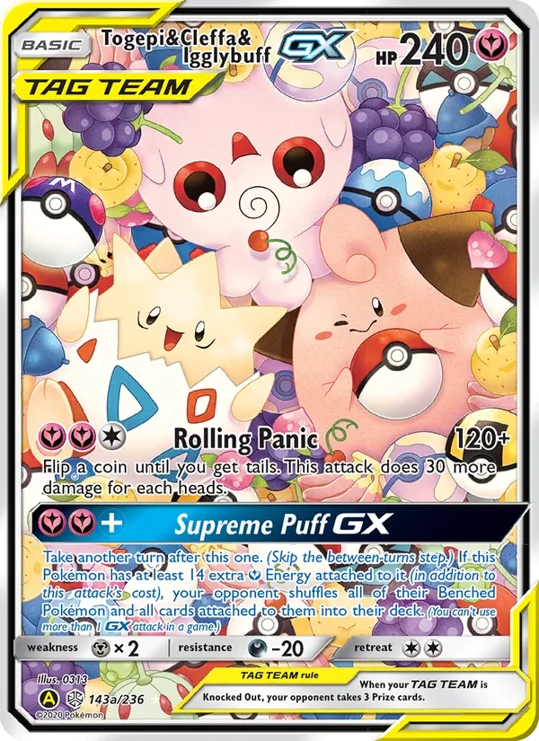 Togepi & Cleffa & Igglybuff-GX 143a/236, Cosmic Eclipse English Yellow A Alternate art, card art reference