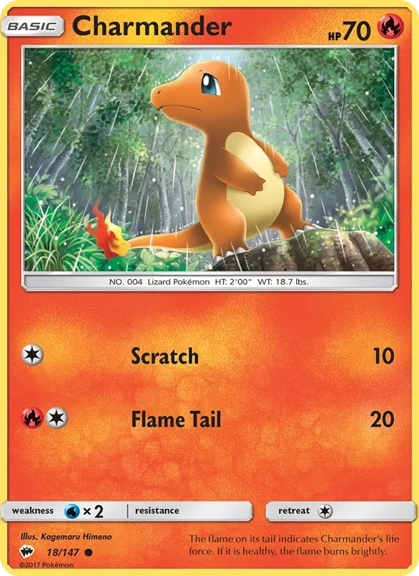 Charmander 018/147, Burning Shadows English "42" Charizard Deck stamp, card art reference
