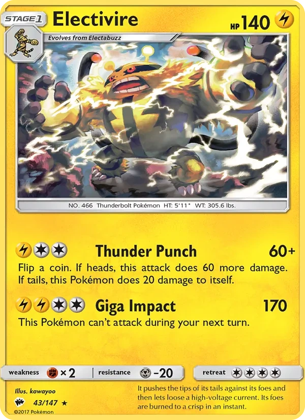 Electivire 043/147, Burning Shadows English "53" Pikachu Deck stamp, card art reference