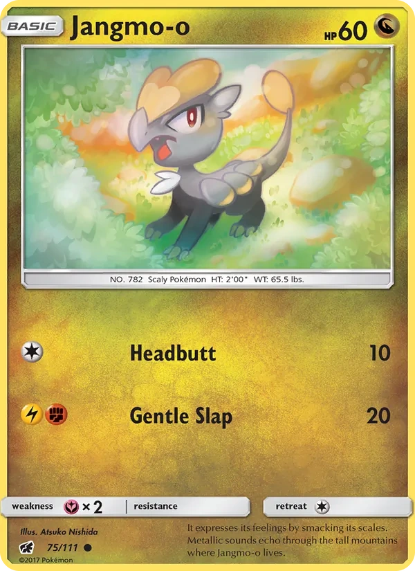 Jangmo-o 075/111, Crimson Invasion English Cosmos Holofoil Toys "R" Us stamp, card art reference