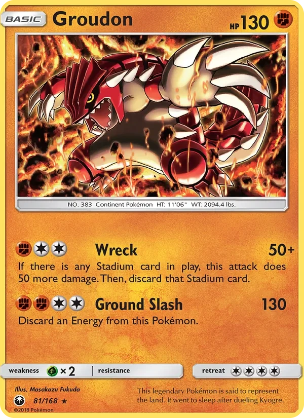 Groudon 081/168, Celestial Storm English Cosmos Holofoil "Legendary Pokémon" stamp, card art reference