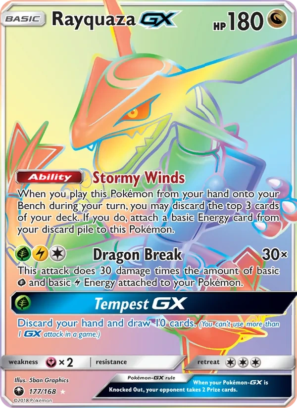 Rayquaza-GX 177a/168, Celestial Storm English Yellow A Alternate art, card art reference