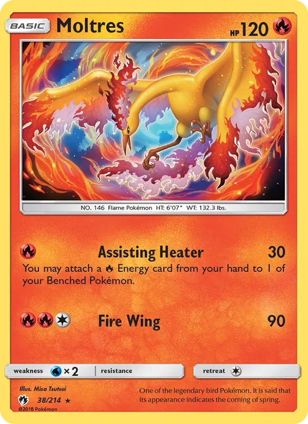 Moltres 038/214, Lost Thunder English "46" Charizard Deck stamp, card art reference