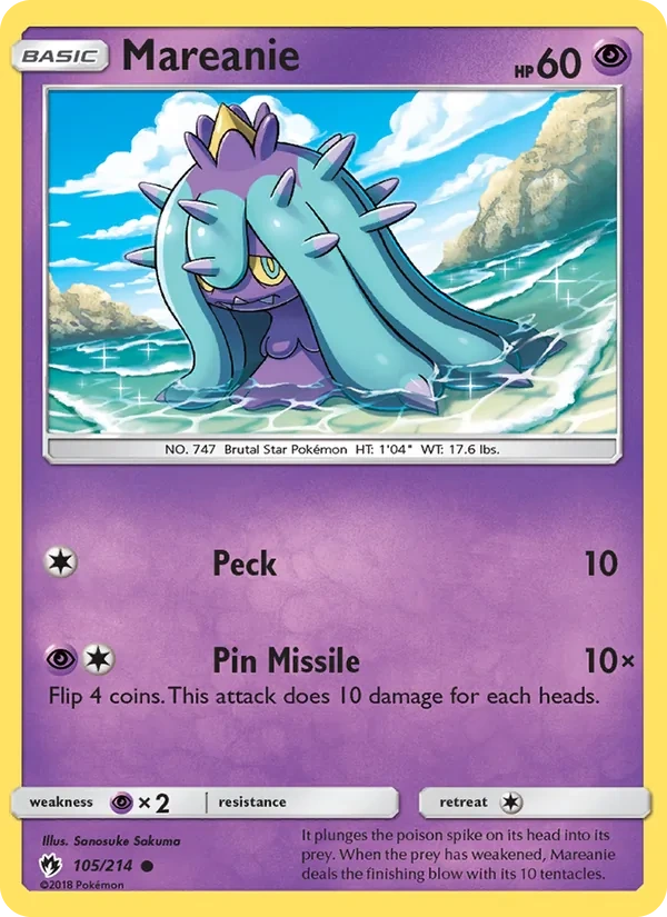 Mareanie 105/214, Lost Thunder English Mewtwo Deck stamp, card art reference