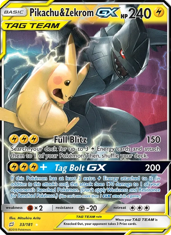 Pikachu & Zekrom-GX 033/181, Team Up English Holofoil "Pokémon 30th Anniversary" stamp, card art reference