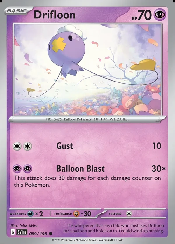 Drifloon 089/198, Scarlet & Violet English Print with "Play! Pokémon" stamp, card art reference
