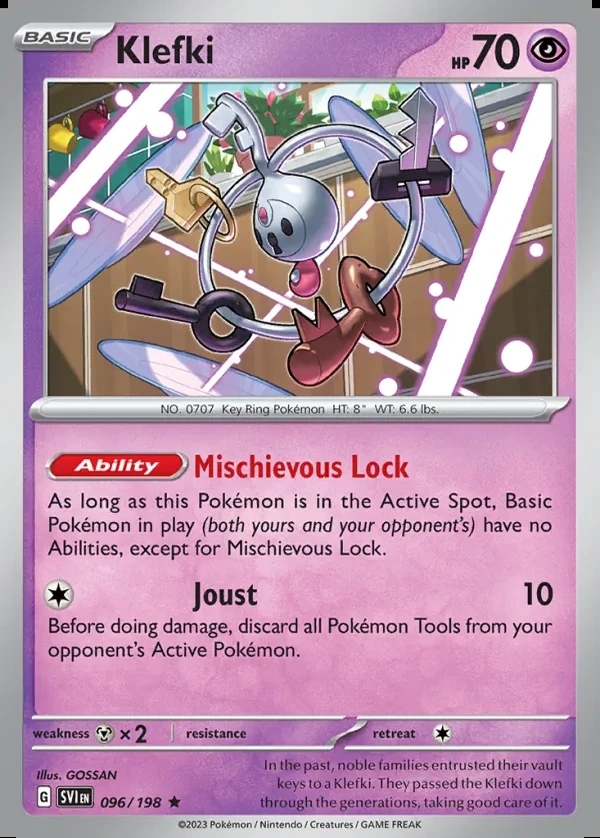 Klefki 096/198, Scarlet & Violet English Print with "Play! Pokémon" stamp, card art reference