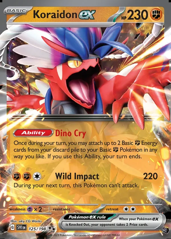 Koraidon 125/198, Scarlet & Violet English Print with "Play! Pokémon" stamp, card art reference