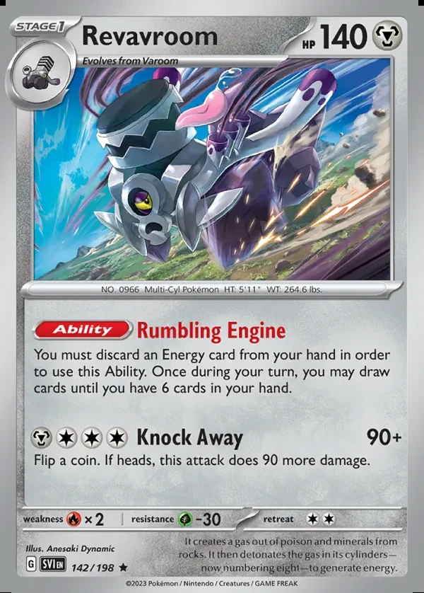 Revavroom 142/198, Scarlet & Violet English Print with "Play! Pokémon" stamp, card art reference
