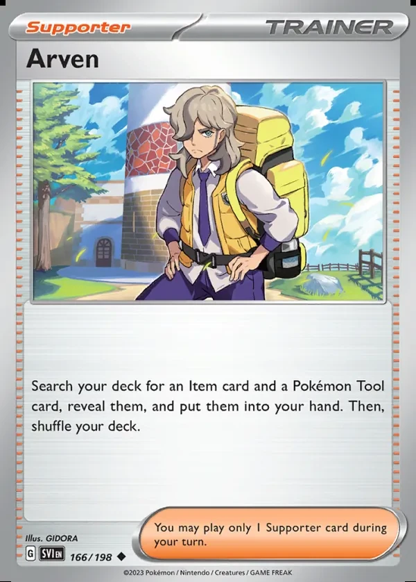 Arven 166/198, Scarlet & Violet English Print with "Play! Pokémon" stamp, card art reference