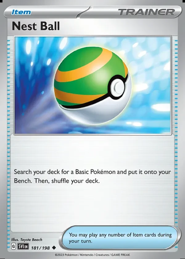 Nest Ball 181/198, Scarlet & Violet English Print with "Play! Pokémon" stamp, card art reference