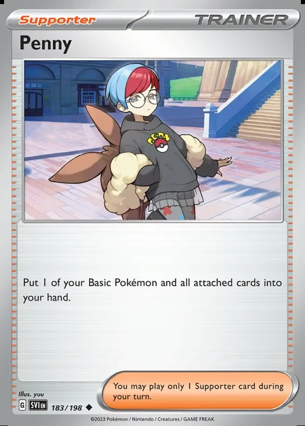 Penny 183/198, Scarlet & Violet English Print with "Play! Pokémon" stamp, card art reference
