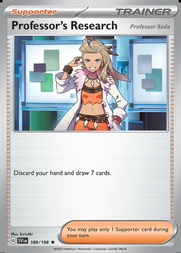 Professor's Research 189/198, Scarlet & Violet English Print with "Play! Pokémon" stamp, card art reference