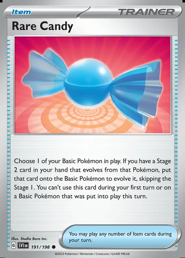 Rare Candy 191/198, Scarlet & Violet English Print with "Play! Pokémon" stamp, card art reference