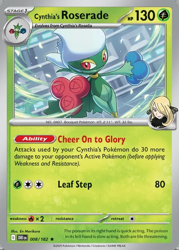 Cynthia's Roserade 008/182, Destined Rivals English Print with "Play! Pokémon" stamp, card art reference