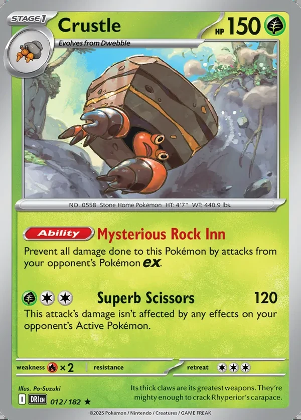 Crustle 012/182, Destined Rivals English Print with "Play! Pokémon" stamp, card art reference