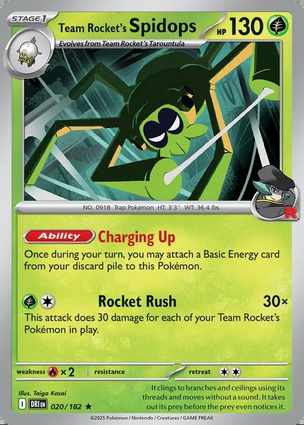 Team Rocket's Spidops 020/182, Destined Rivals English Print with "Play! Pokémon" stamp, card art reference