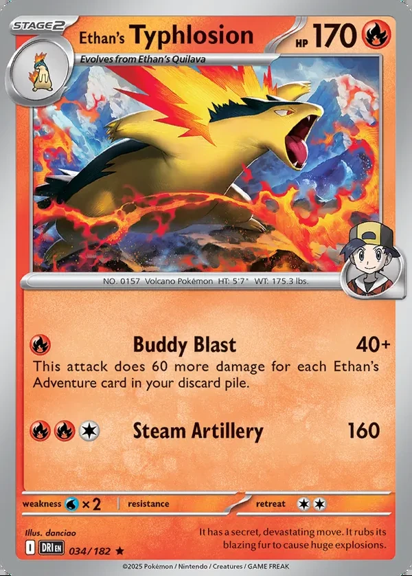 Ethan's Typhlosion 034/182, Destined Rivals English Print with "Play! Pokémon" stamp, card art reference
