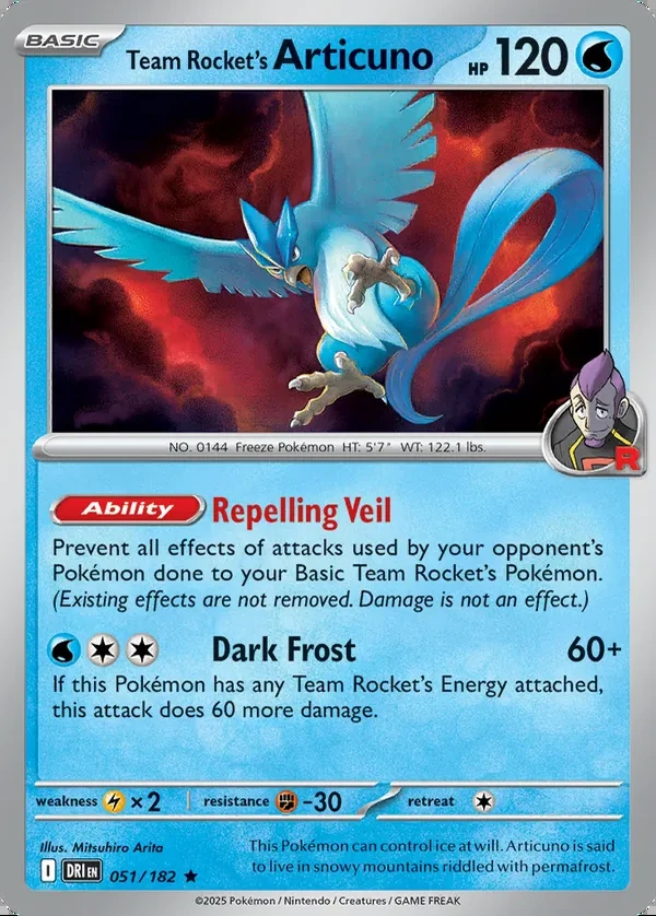 Team Rocket's Articuno 051/182, Destined Rivals English Cosmos Holofoil print with "Destined Rivals" stamp, card art reference