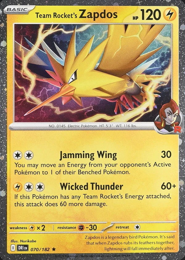 Team Rocket's Zapdos 070/182, Destined Rivals English Cosmos Holofoil, image provided by the catalog owner