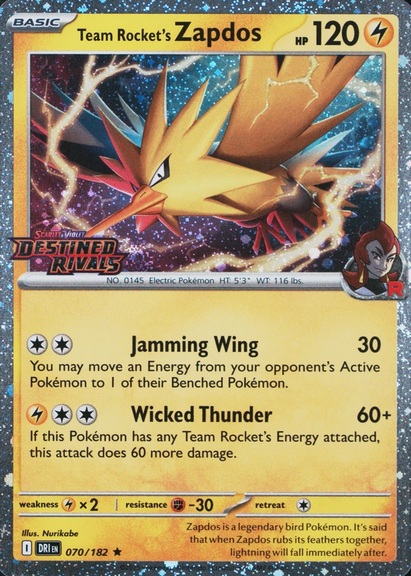 Team Rocket's Zapdos 070/182, Destined Rivals English Cosmos Holofoil "Destined Rivals" stamp, image provided by the catalog owner