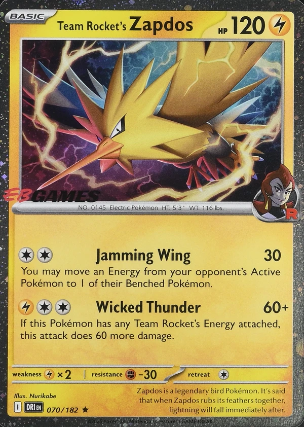 Team Rocket's Zapdos 070/182, Destined Rivals English Cosmos Holofoil "EB Games" stamp, image provided by the catalog owner