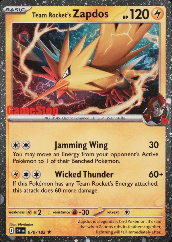 Team Rocket's Zapdos 070/182, Destined Rivals English Cosmos Holofoil "GameStop" stamp, image provided by the catalog owner