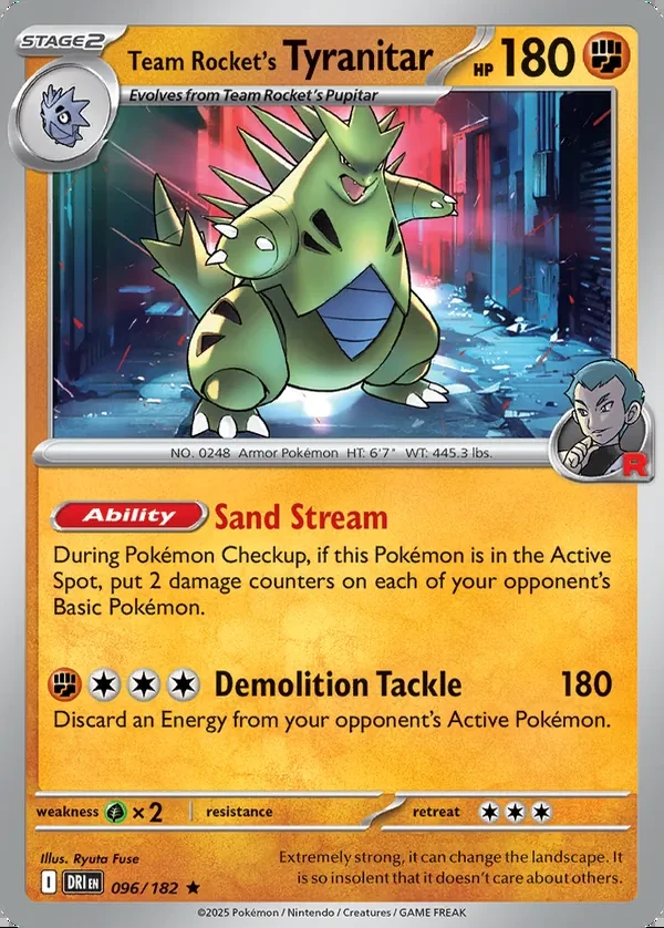 Team Rocket's Tyranitar 096/182, Destined Rivals English Cosmos Holofoil print with "Pokémon Center" stamp, card art reference