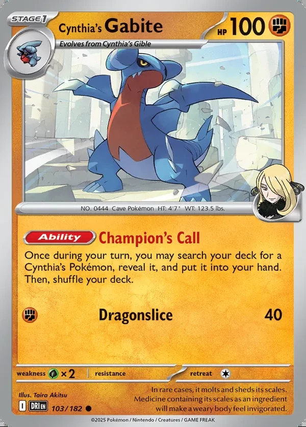 Cynthia's Gabite 103/182, Destined Rivals English Print with "Play! Pokémon" stamp, card art reference