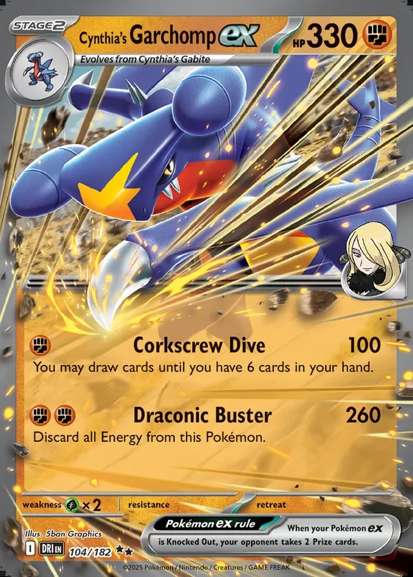Cynthia's Garchomp 104/182, Destined Rivals English Print with "Play! Pokémon" stamp, card art reference