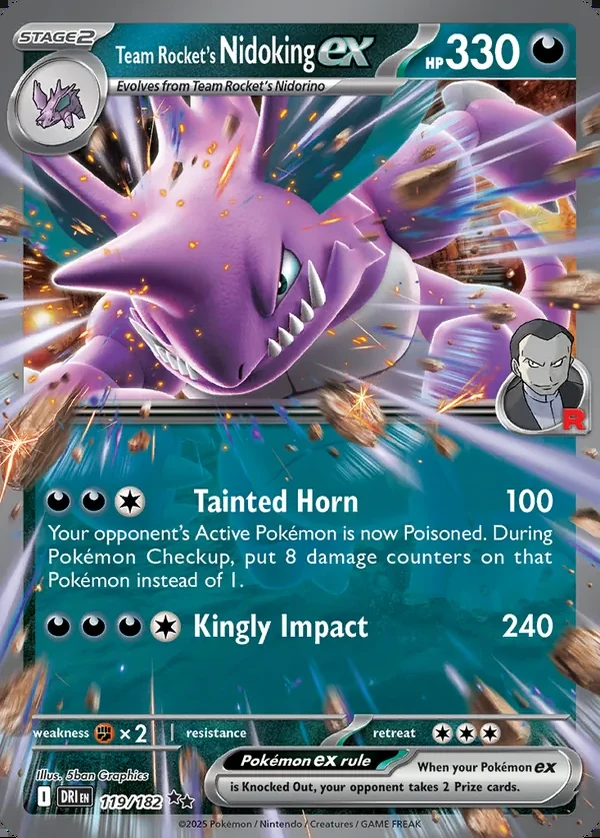 Team Rocket's Nidoking 119/182, Destined Rivals English Print with "Play! Pokémon" stamp, card art reference