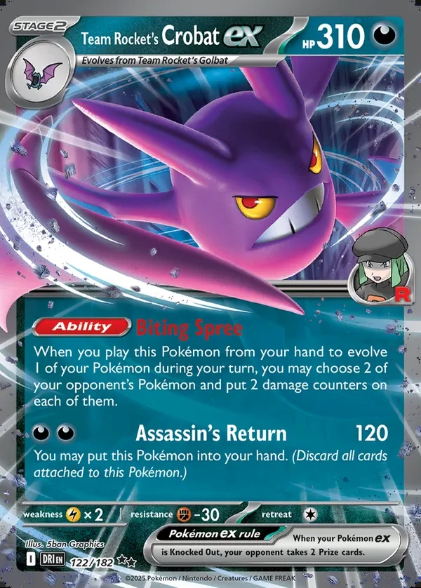 Team Rocket's Crobat 122/182, Destined Rivals English Print with "Play! Pokémon" stamp, card art reference