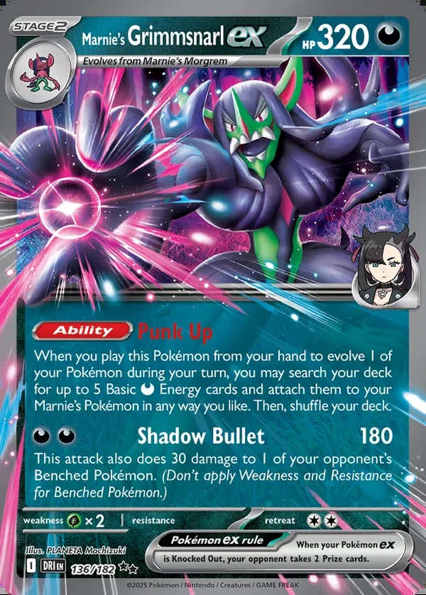 Marnie's Grimmsnarl 136/182, Destined Rivals English Print with "Play! Pokémon" stamp, card art reference