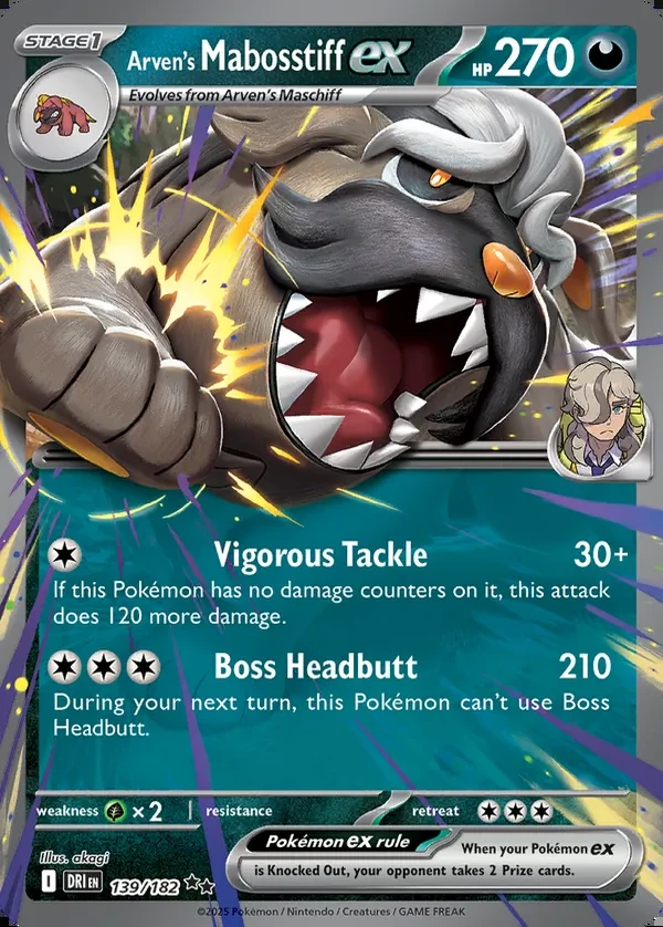 Arven's Mabosstiff 139/182, Destined Rivals English Print with "Play! Pokémon" stamp, card art reference