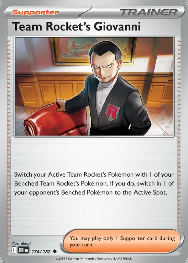Team Rocket's Giovanni 174/182, Destined Rivals English Print with "Play! Pokémon" stamp, card art reference
