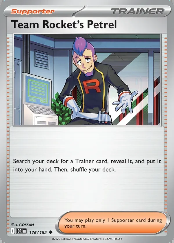 Team Rocket's Petrel 176/182, Destined Rivals English Print with "Play! Pokémon" stamp, card art reference