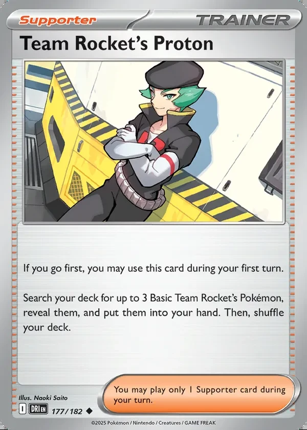 Team Rocket's Proton 177/182, Destined Rivals English Print with "Play! Pokémon" stamp, card art reference