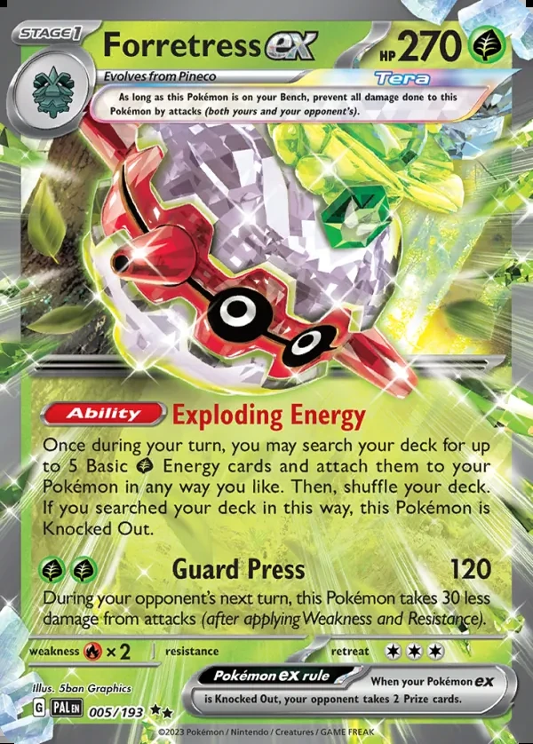 Forretress 005/193, Paldea Evolved English Print with "Play! Pokémon" stamp, card art reference